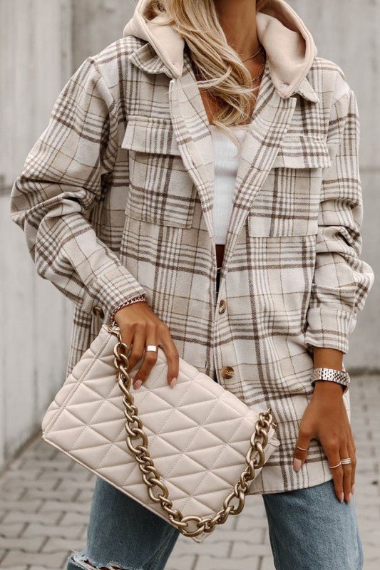 Khaki Plaid Removable Hood Buttoned Shacket Jacket - RaeLynns Boutique