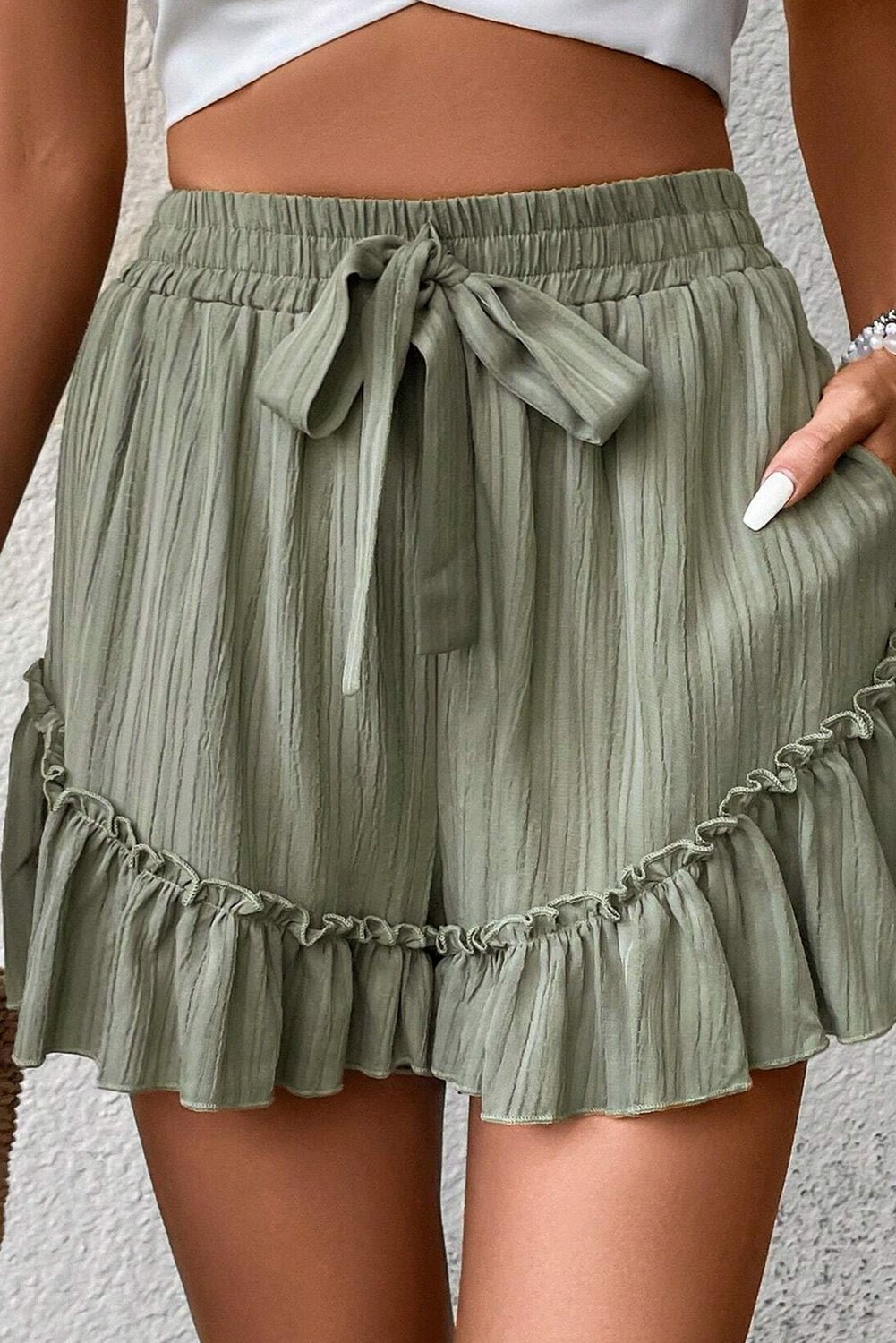 Laurel Green Textured Tie Waist Ruffle Hem Shorts - Raelynns&Co