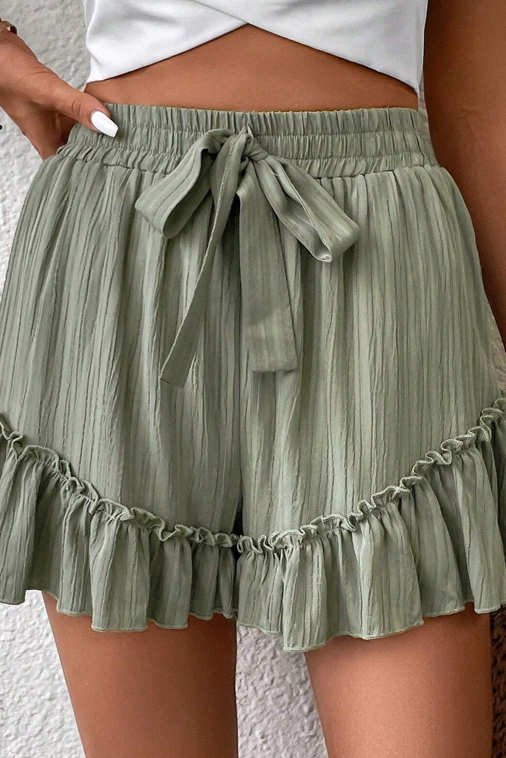 Laurel Green Textured Tie Waist Ruffle Hem Shorts - Raelynns&Co