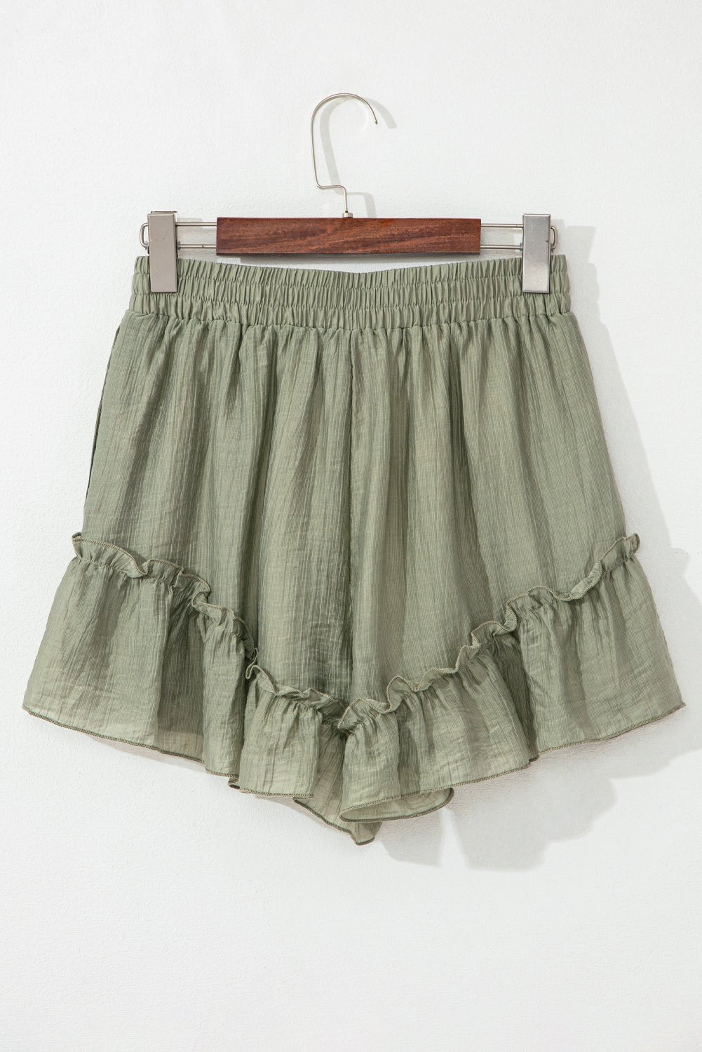Laurel Green Textured Tie Waist Ruffle Hem Shorts - Raelynns&Co