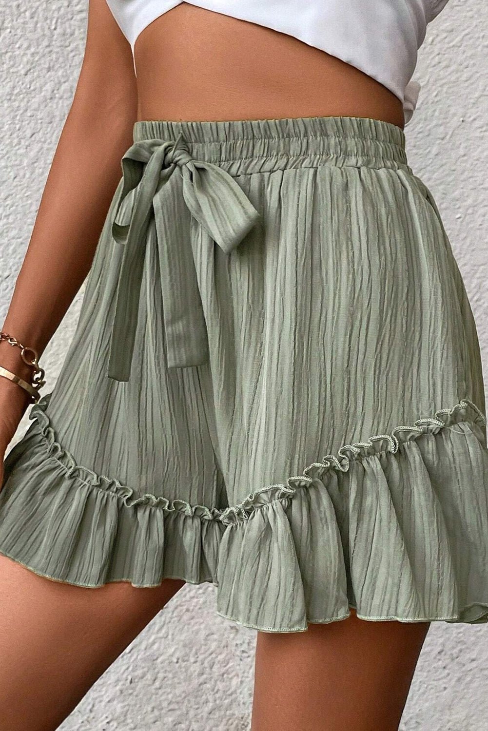 Laurel Green Textured Tie Waist Ruffle Hem Shorts - Raelynns&Co
