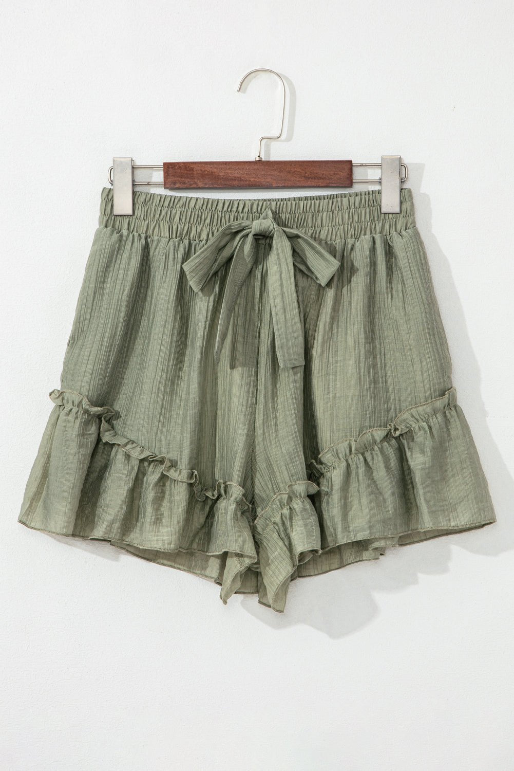 Laurel Green Textured Tie Waist Ruffle Hem Shorts - Raelynns&Co