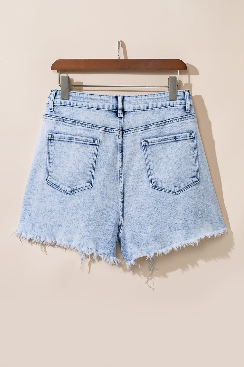 Light Blue Acid Wash Crossed Raw Edge Denim Shorts - Raelynns&Co