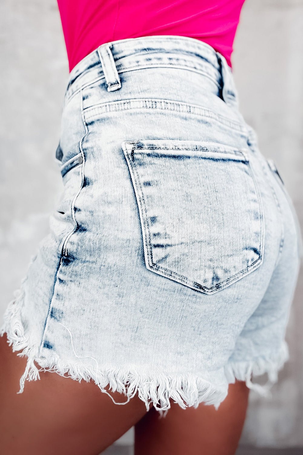Light Blue Acid Wash Crossed Raw Edge Denim Shorts - Raelynns&Co