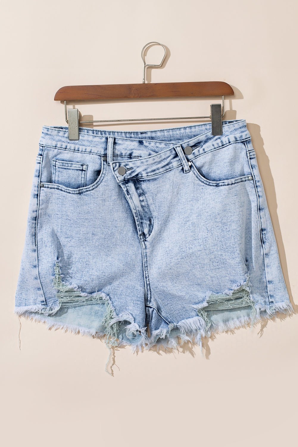Light Blue Acid Wash Crossed Raw Edge Denim Shorts - Raelynns&Co