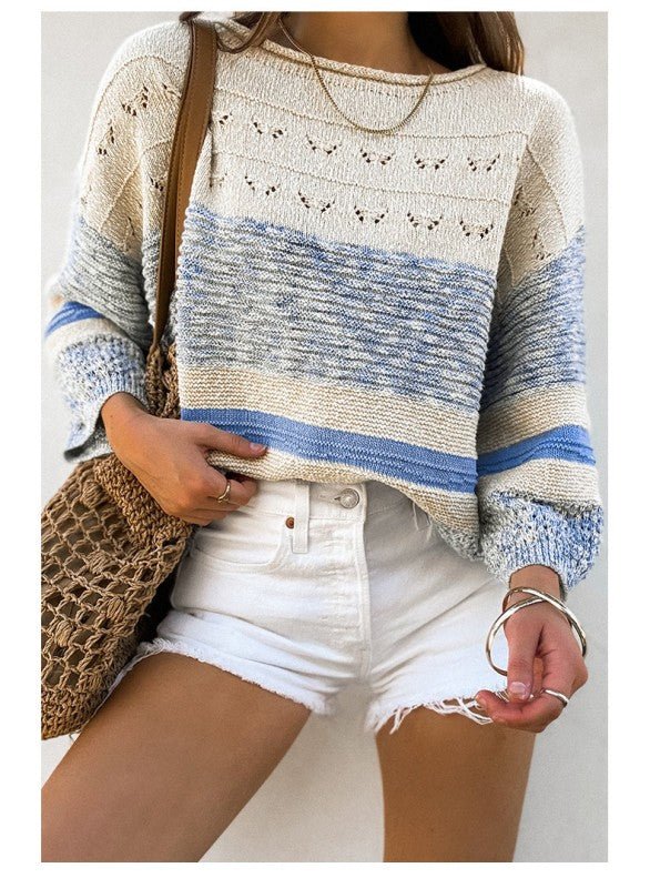 Light Blue Open Stitch Puff Sleeve Sweater - RaeLynns Boutique