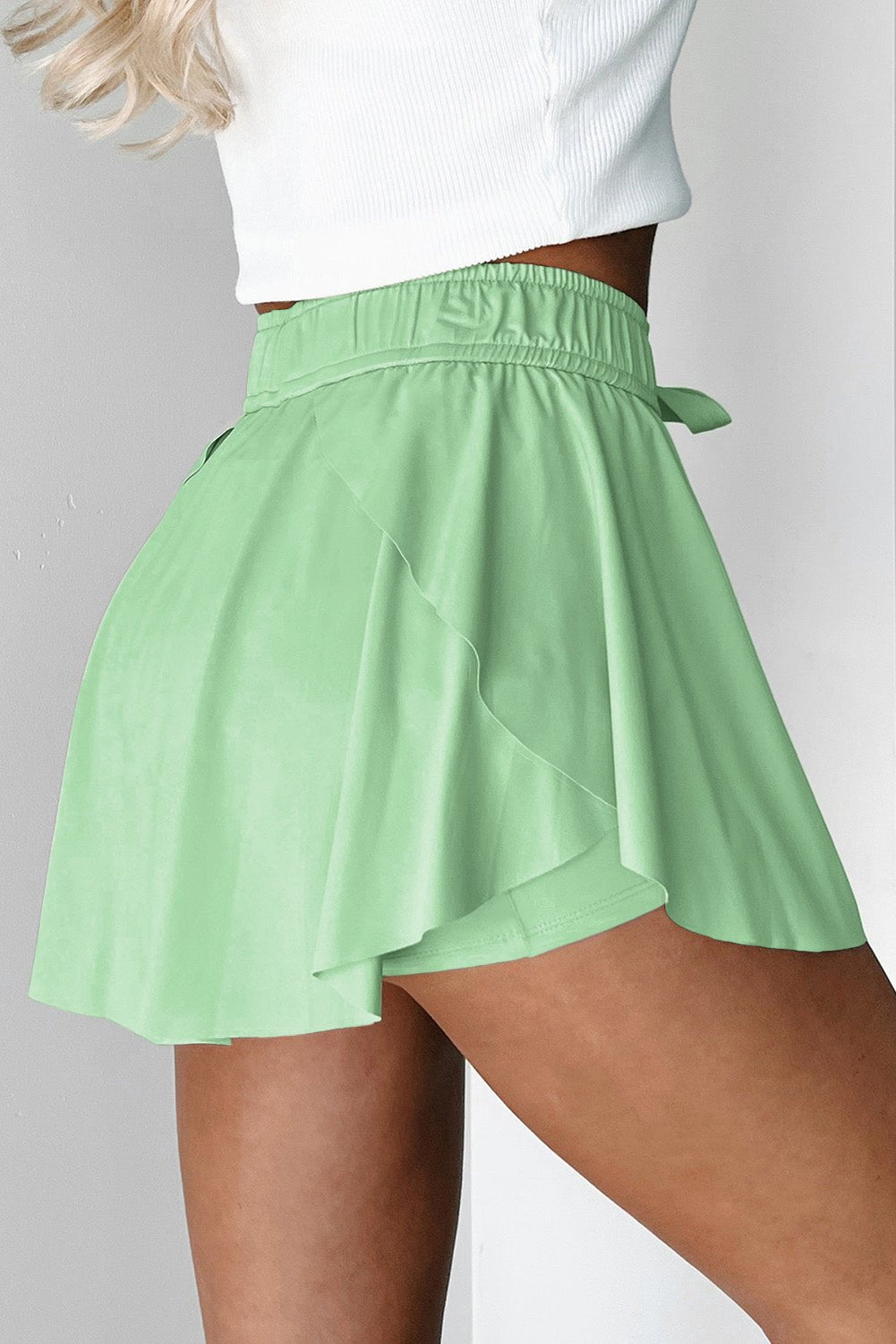 Light Green Drawstring Elastic Waistband Lined Tennis Skorts - Raelynns&Co