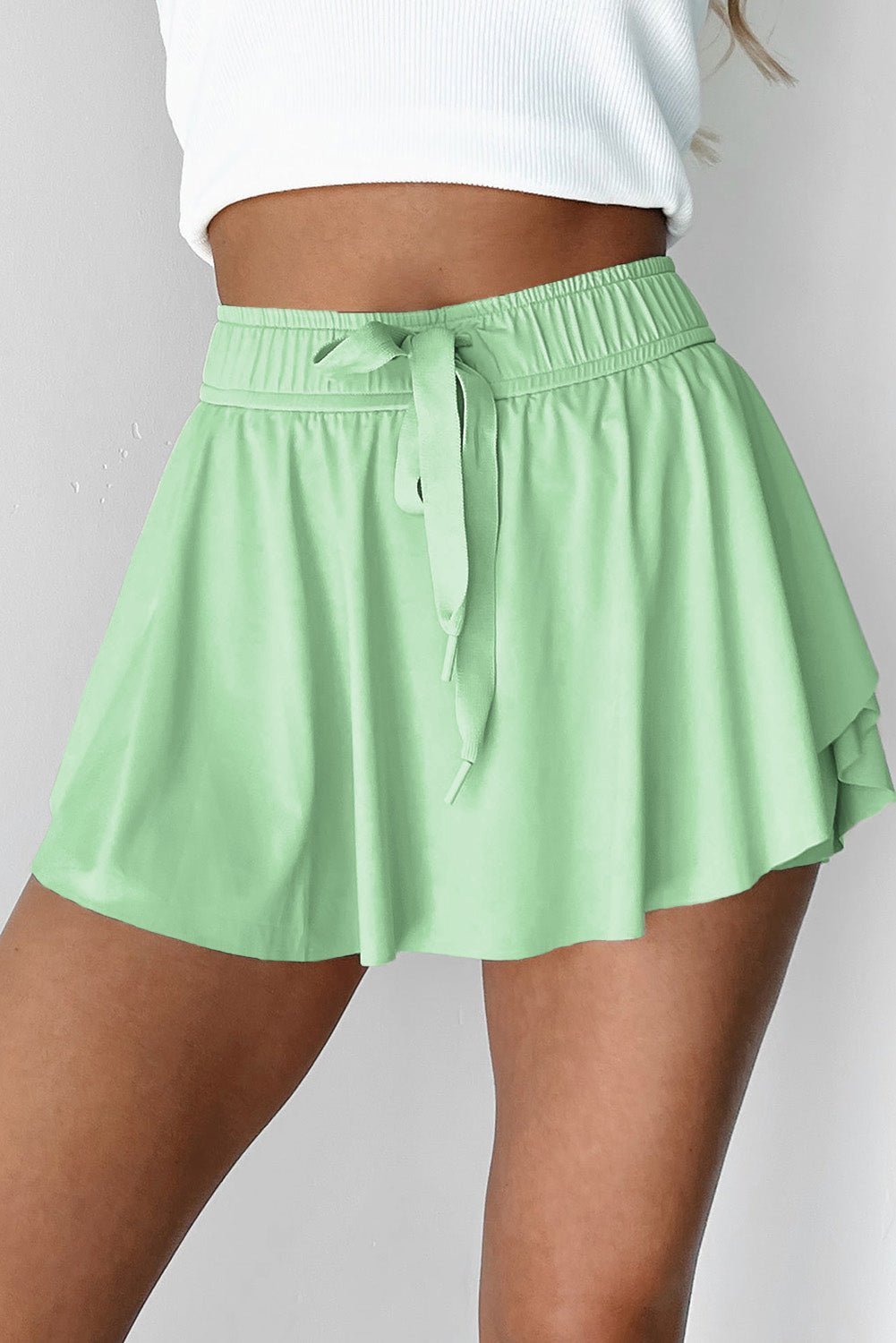 Light Green Drawstring Elastic Waistband Lined Tennis Skorts - Raelynns&Co