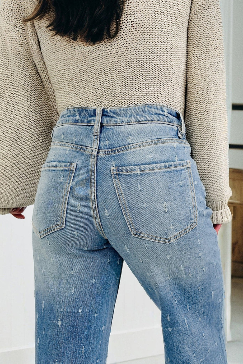 Mist Blue Distressed Detail Tummy Control Raw Hem Jeans - Raelynns&Co