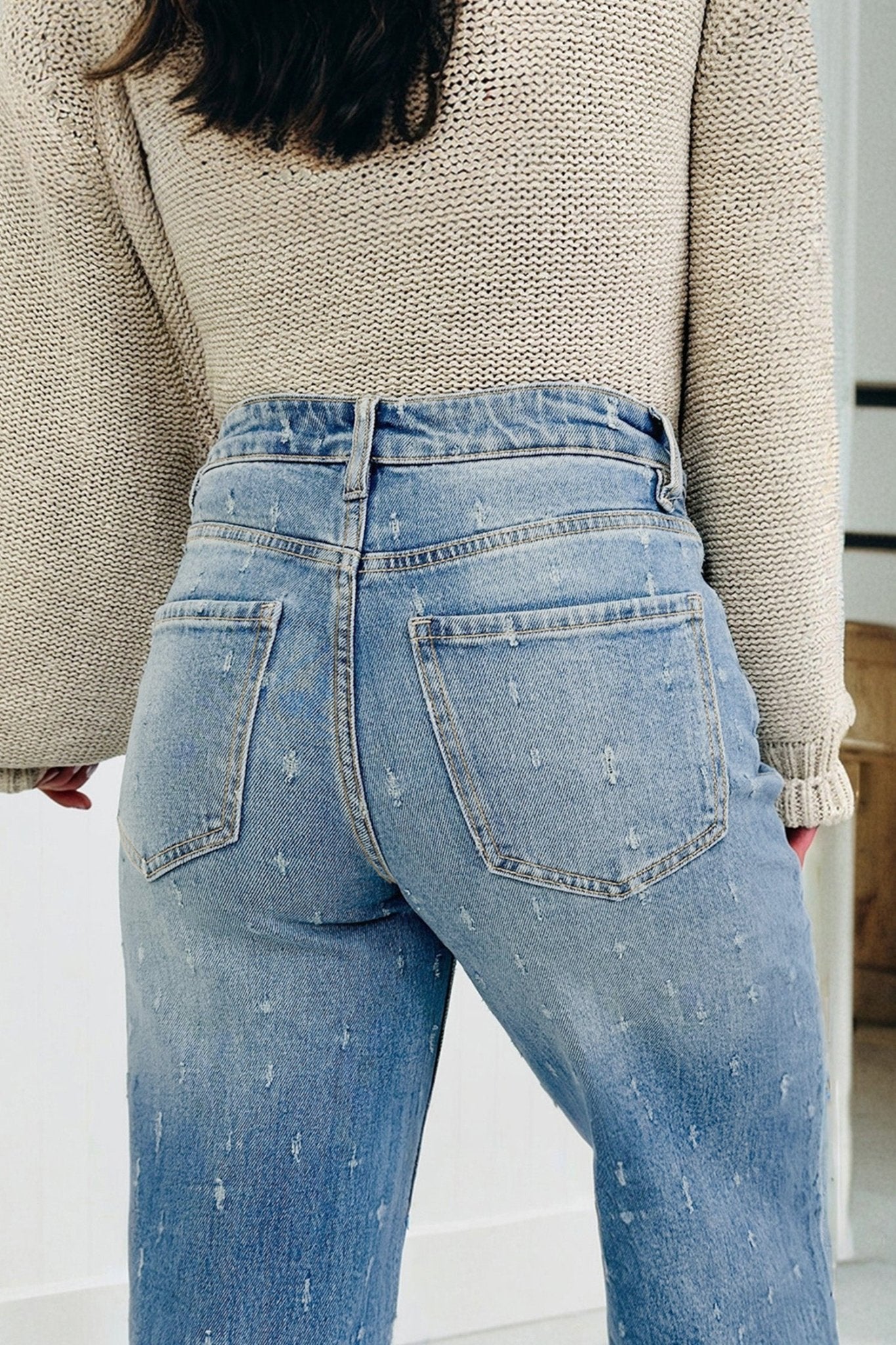 Mist Blue Distressed Detail Tummy Control Raw Hem Jeans - Raelynns&Co