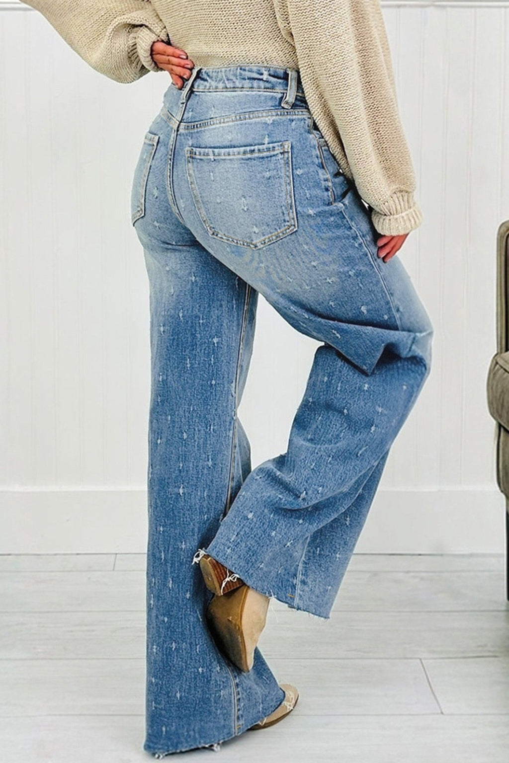 Mist Blue Distressed Detail Tummy Control Raw Hem Jeans - Raelynns&Co