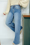 Mist Blue Distressed Detail Tummy Control Raw Hem Jeans - Raelynns&Co