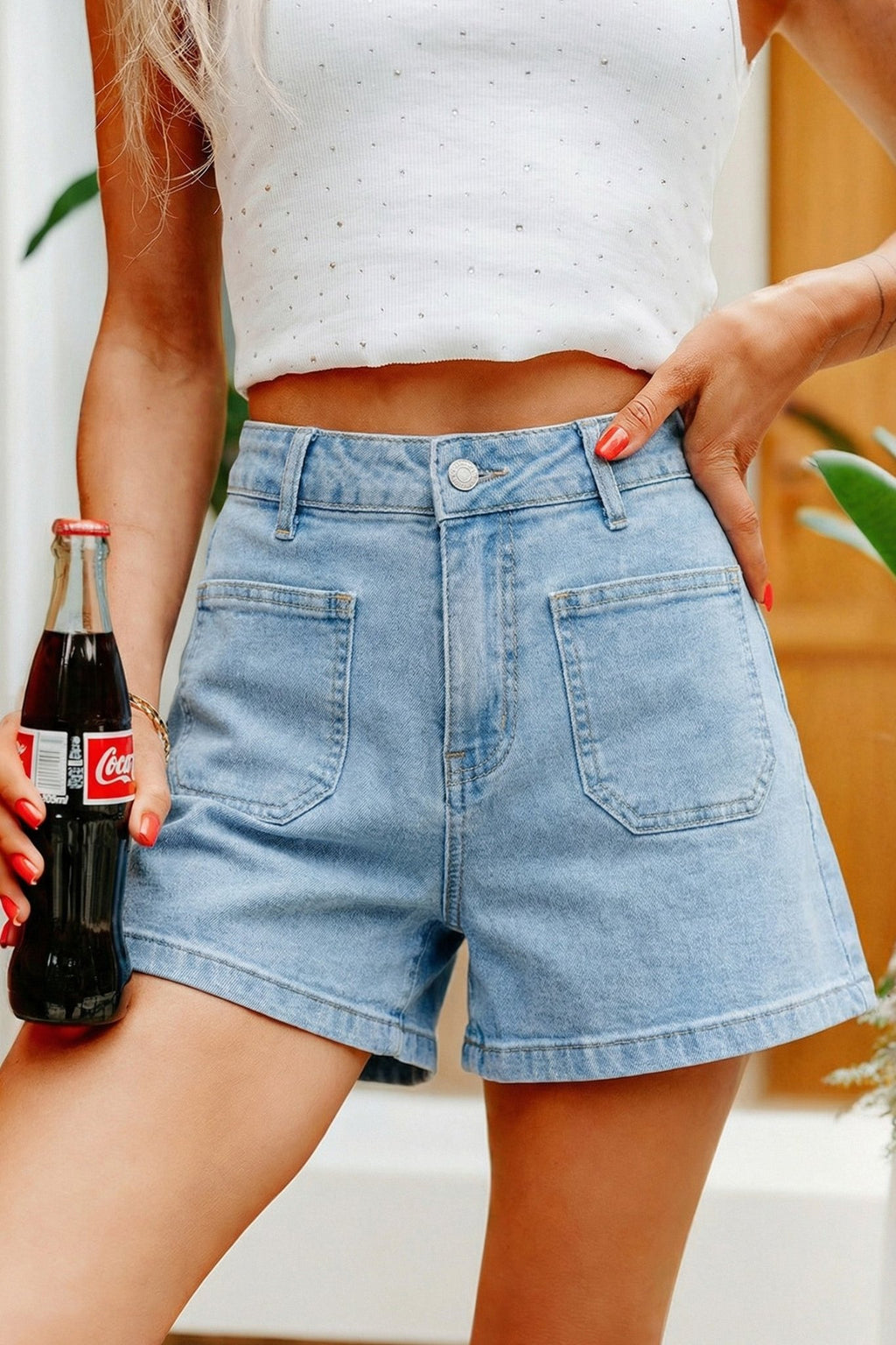 Myosotis High Rise Patch Pocket Denim Shorts - Raelynns&Co