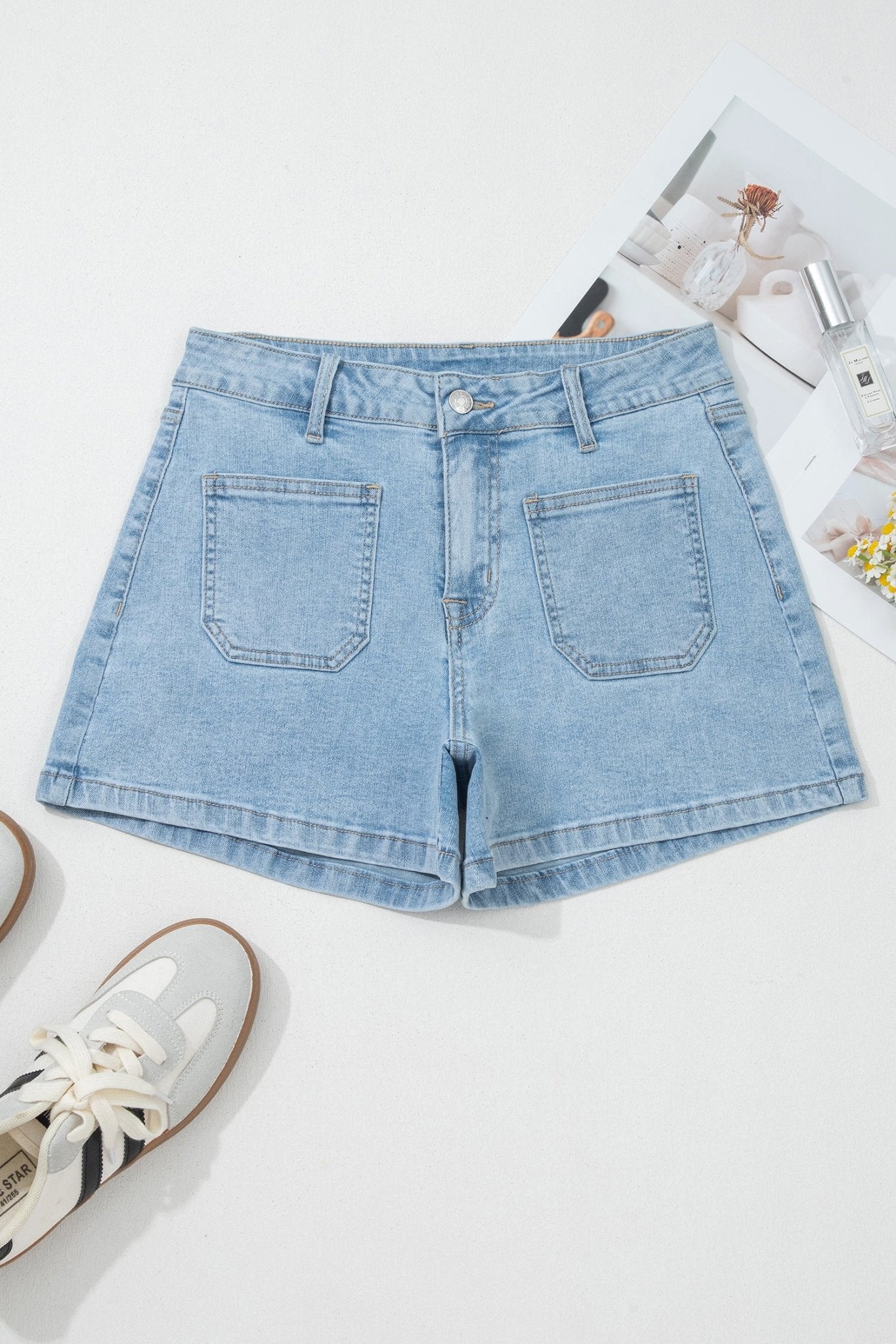 Myosotis High Rise Patch Pocket Denim Shorts - Raelynns&Co