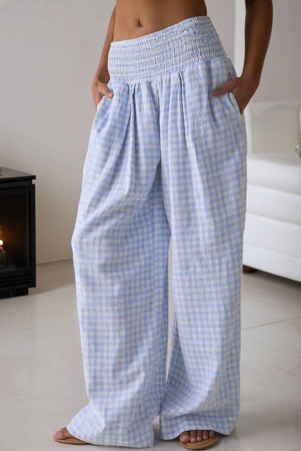 Myosotis Plaid Print Smocked High Waist Womens Loose Pants - Raelynns&Co
