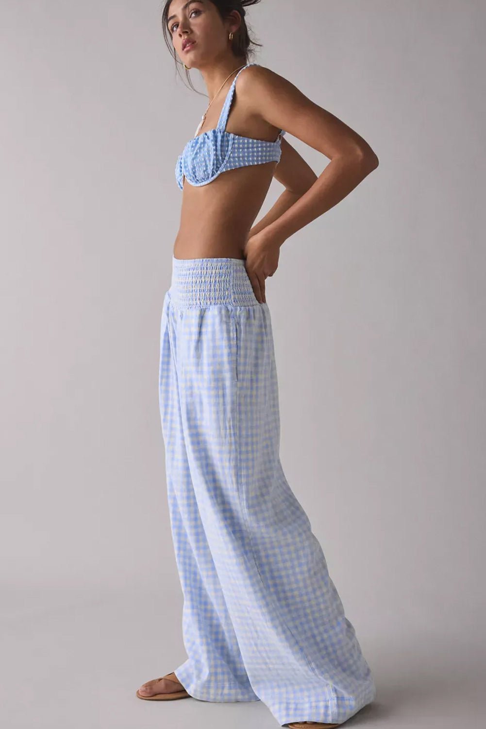 Myosotis Plaid Print Smocked High Waist Womens Loose Pants - Raelynns&Co