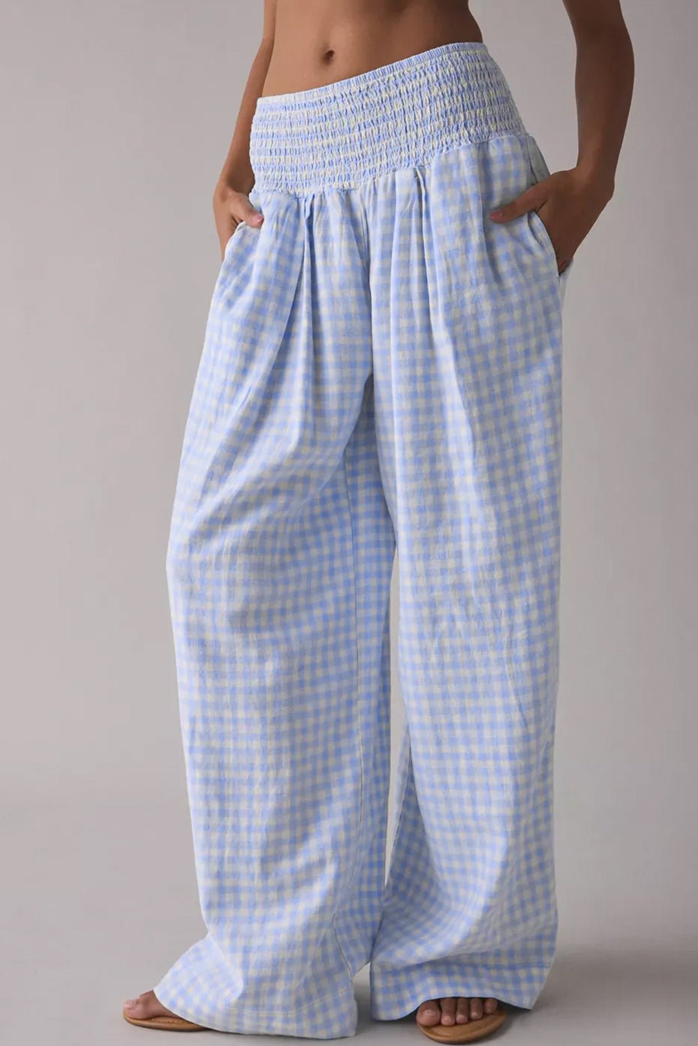 Myosotis Plaid Print Smocked High Waist Womens Loose Pants - Raelynns&Co