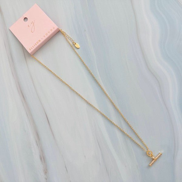 Pavé Accent T - Bar Chain Necklace – Timeless Gold Finish - RaeLynns Boutique
