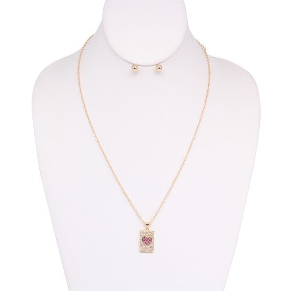 Pink Rhinestone Heart Note Necklace Earring Set - RaeLynns Boutique