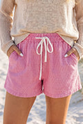 Pink Stripe Drawstring Elastic Waist Casual Denim Shorts - Raelynns&Co