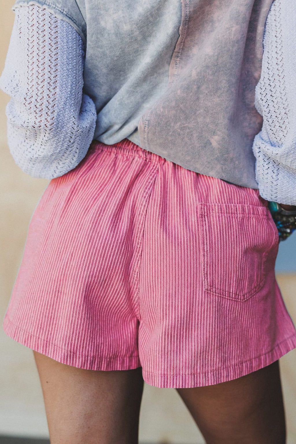 Pink Stripe Drawstring Elastic Waist Casual Denim Shorts - Raelynns&Co