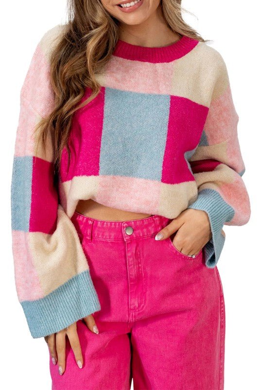Rose Pink Block Cropped Sweater - RaeLynns Boutique