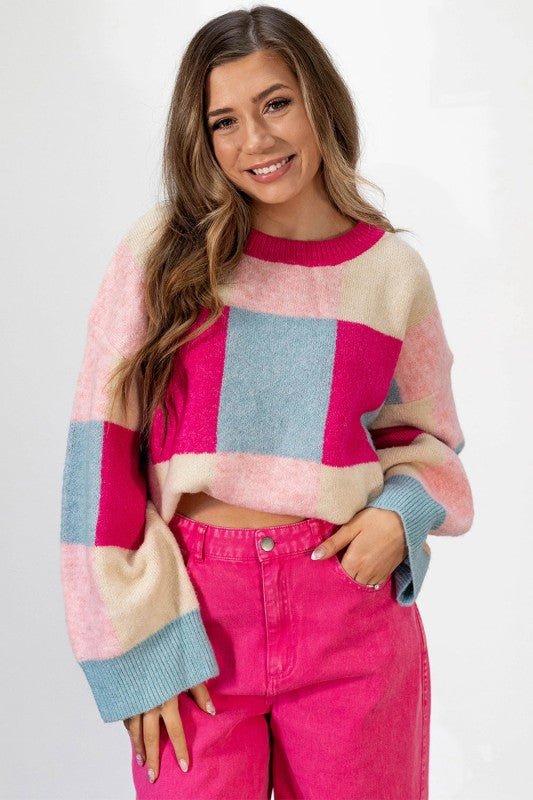 Rose Pink Block Cropped Sweater - RaeLynns Boutique