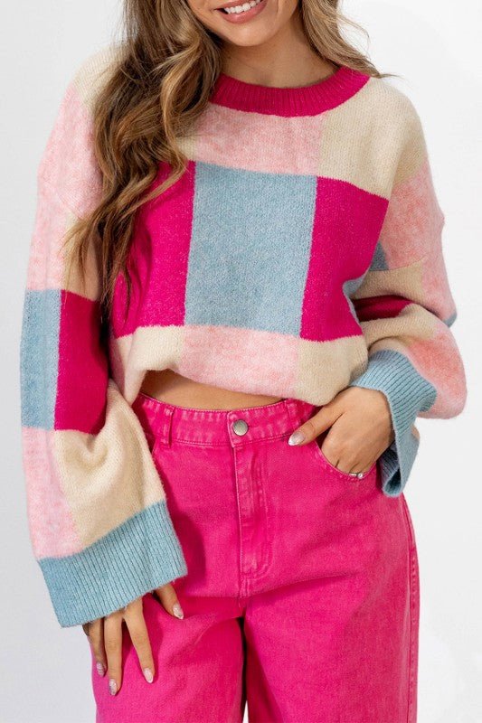 Rose Pink Block Cropped Sweater - RaeLynns Boutique