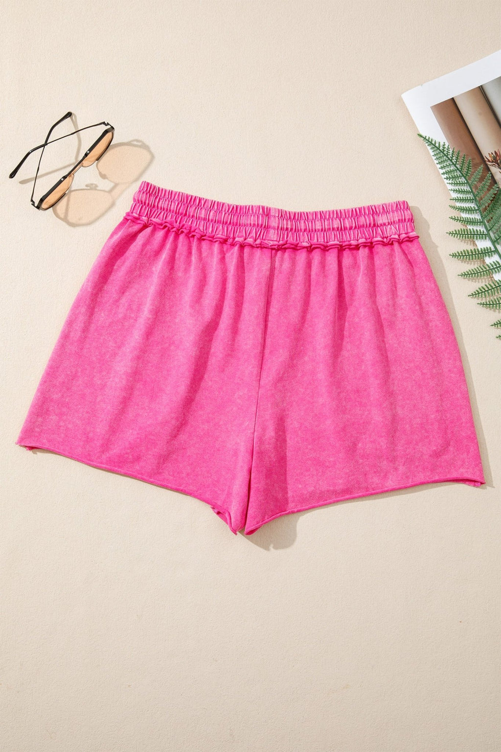 Rose Red Mineral Washed Drawstring Elastic Waist Raw Cut Shorts - Raelynns&Co