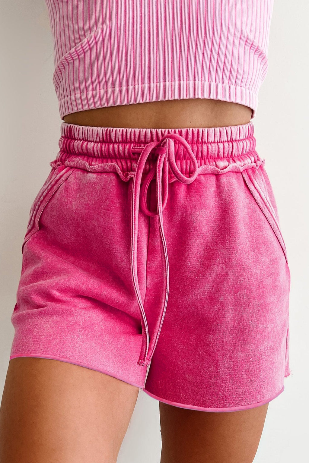Rose Red Mineral Washed Drawstring Elastic Waist Raw Cut Shorts - Raelynns&Co
