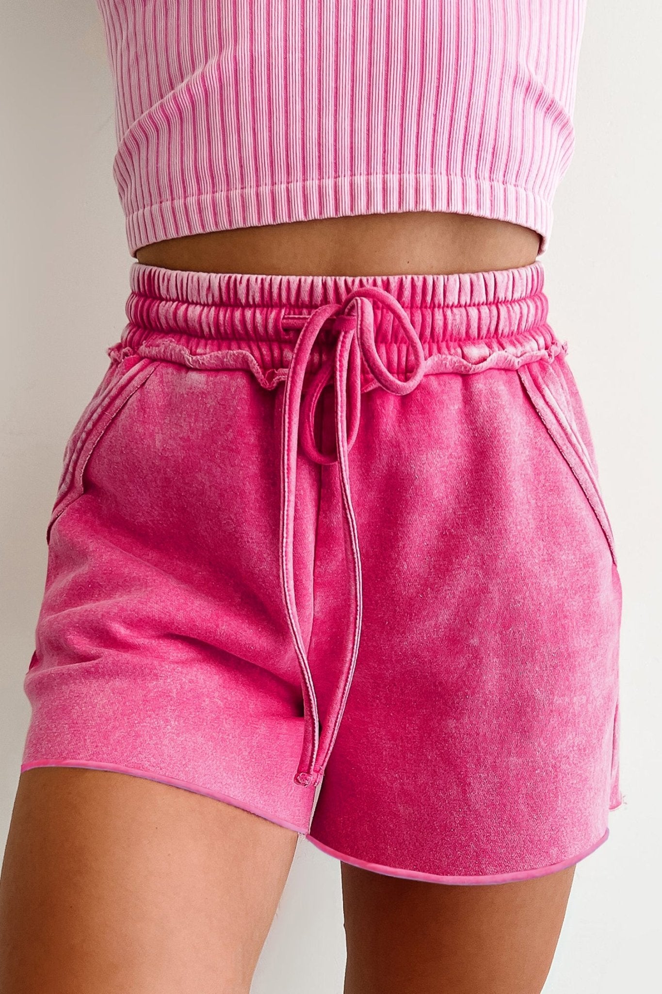 Rose Red Mineral Washed Drawstring Elastic Waist Raw Cut Shorts - Raelynns&Co