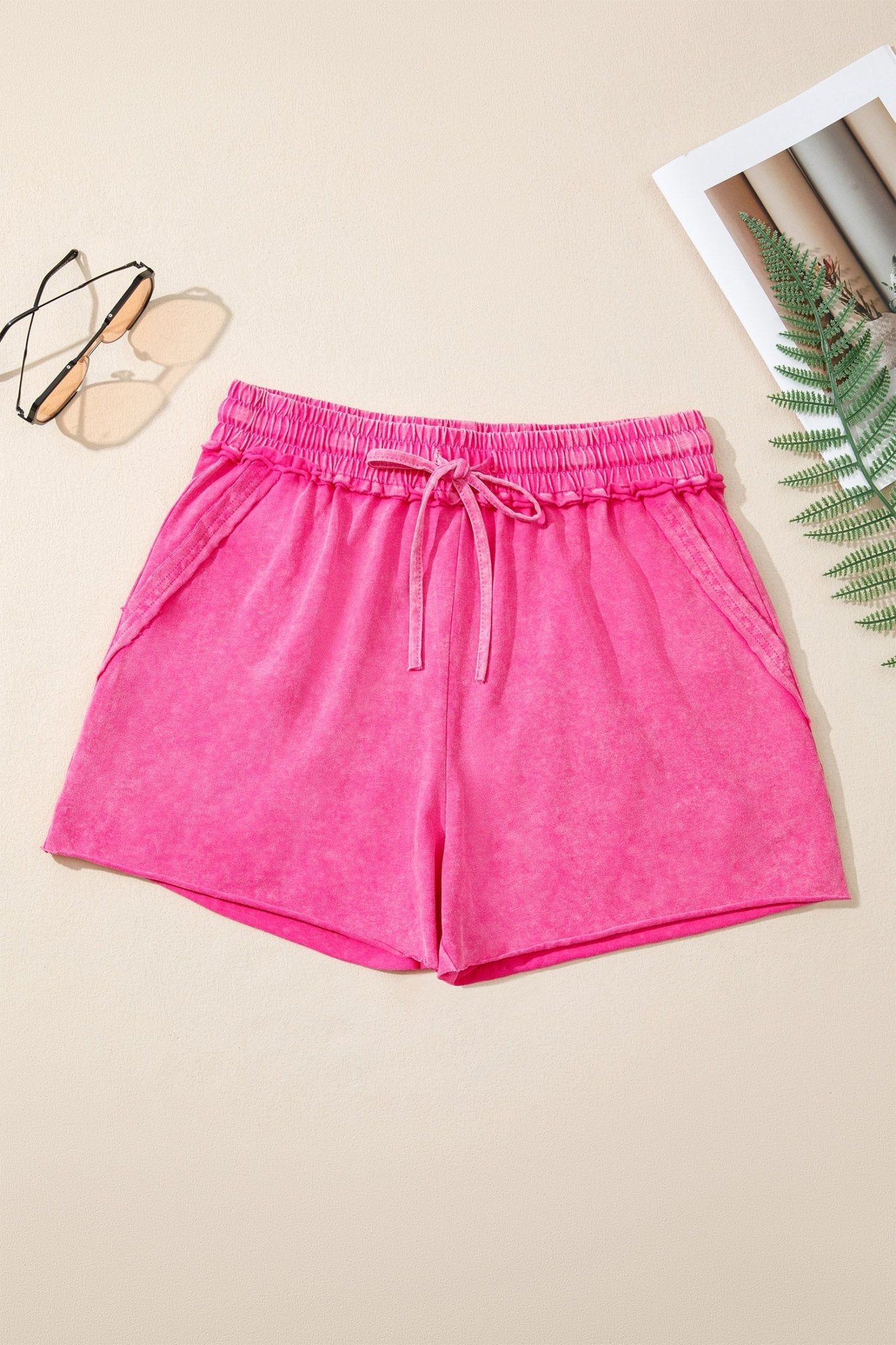 Rose Red Mineral Washed Drawstring Elastic Waist Raw Cut Shorts - Raelynns&Co