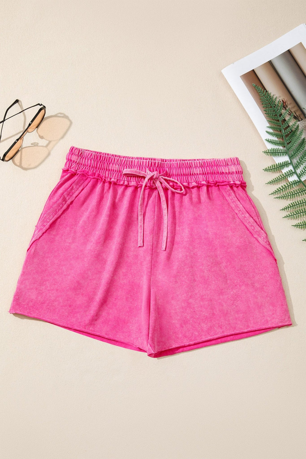 Rose Red Mineral Washed Drawstring Elastic Waist Raw Cut Shorts - Raelynns&Co