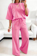 Sachet Pink Lace Patchwork Half Sleeve Top Elastic Waist Pants Two Piece Set - Raelynns&Co