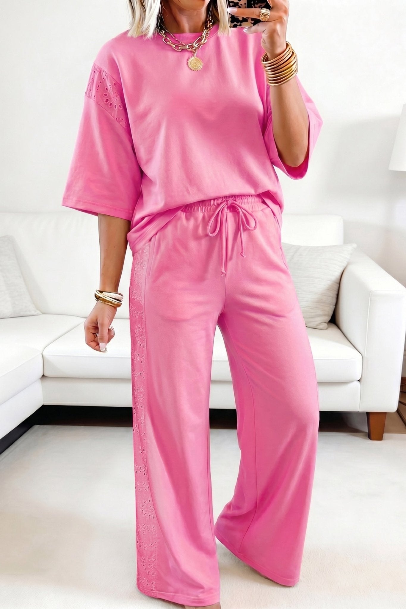 Sachet Pink Lace Patchwork Half Sleeve Top Elastic Waist Pants Two Piece Set - Raelynns&Co