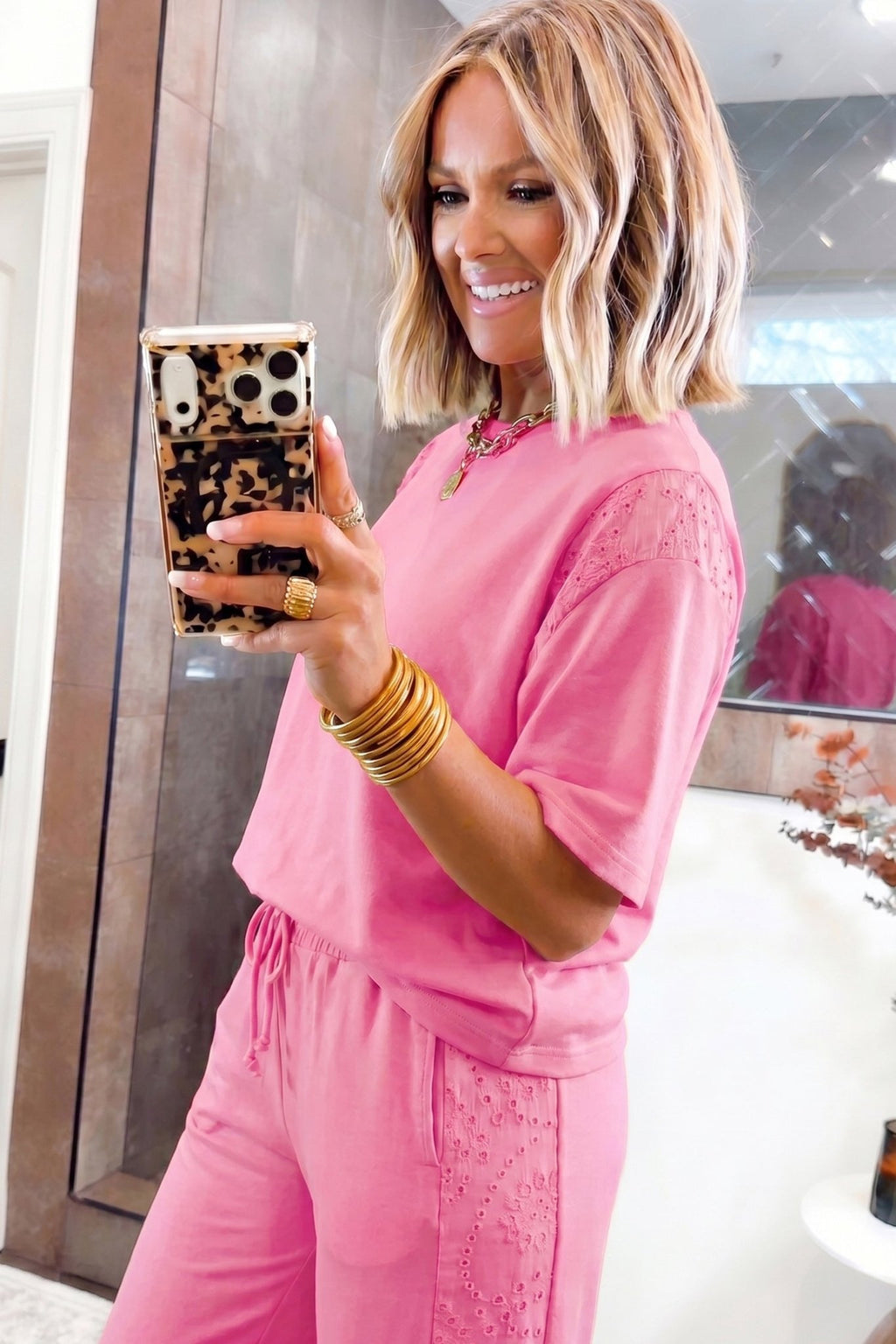 Sachet Pink Lace Patchwork Half Sleeve Top Elastic Waist Pants Two Piece Set - Raelynns&Co