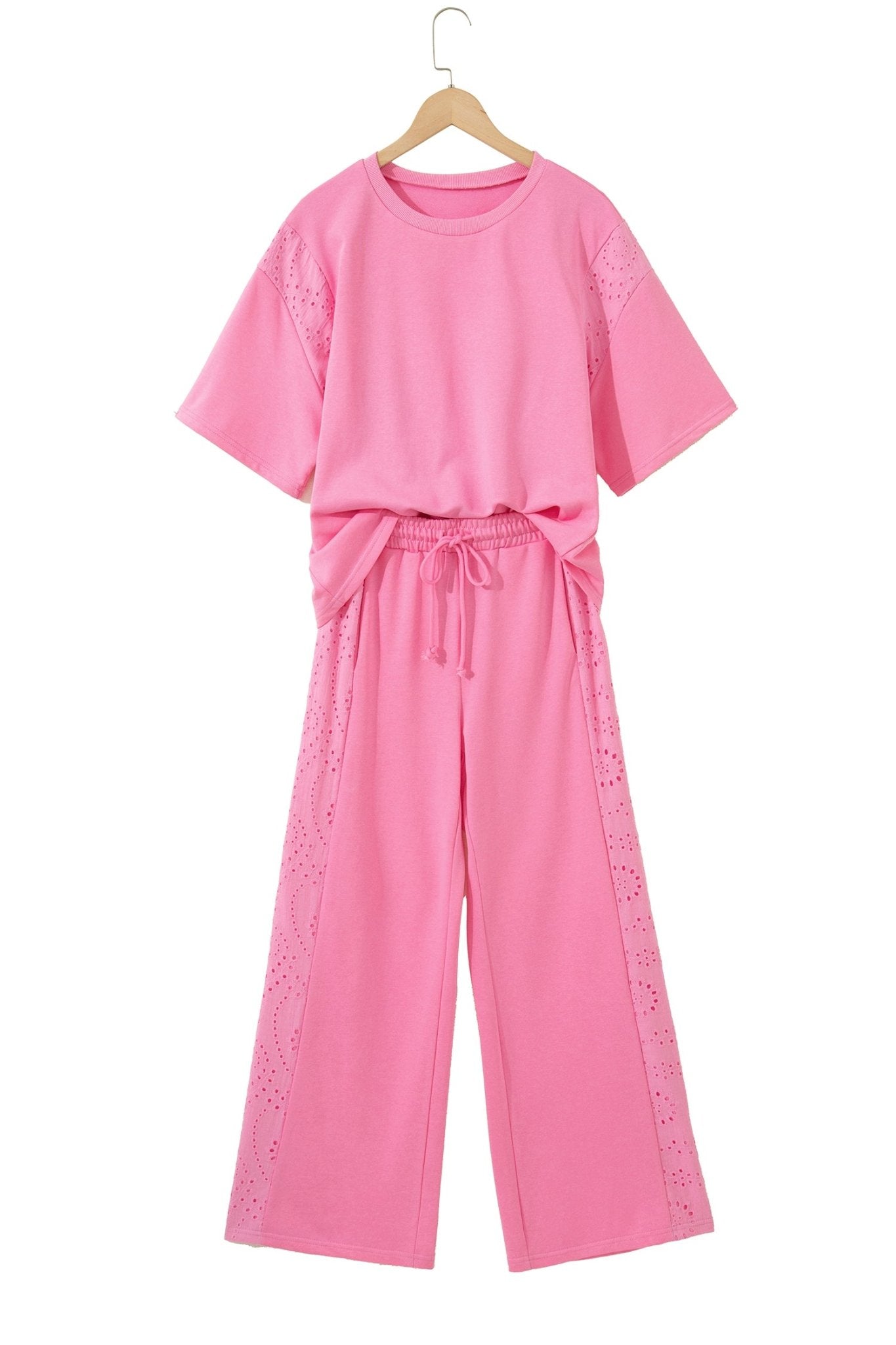 Sachet Pink Lace Patchwork Half Sleeve Top Elastic Waist Pants Two Piece Set - Raelynns&Co
