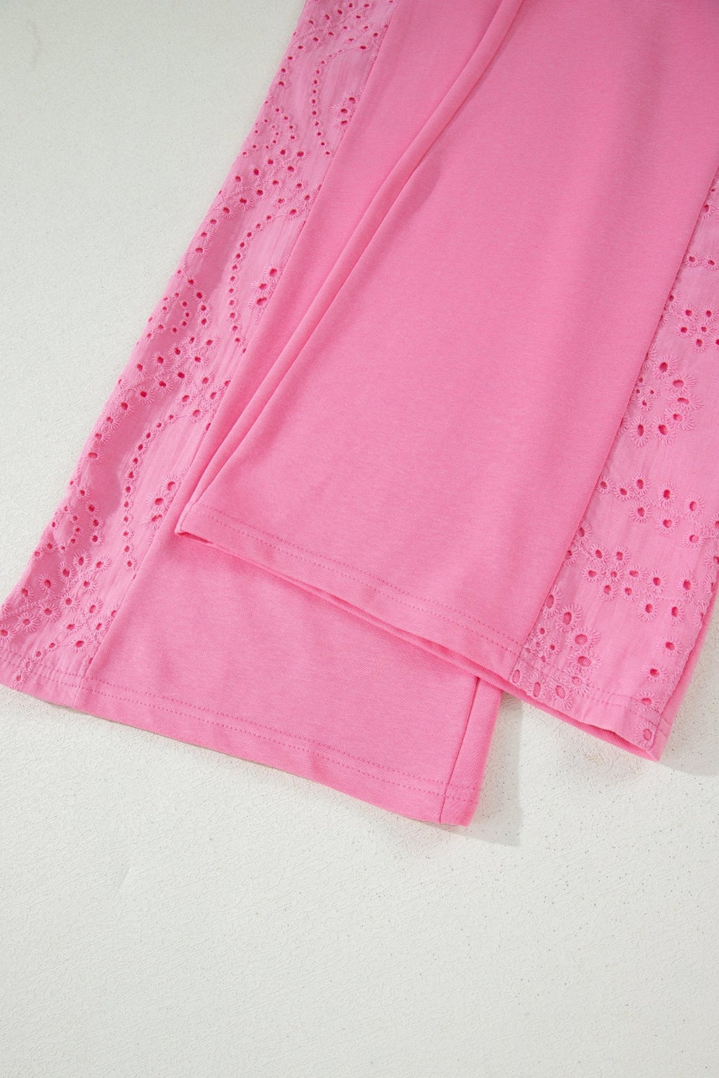 Sachet Pink Lace Patchwork Half Sleeve Top Elastic Waist Pants Two Piece Set - Raelynns&Co