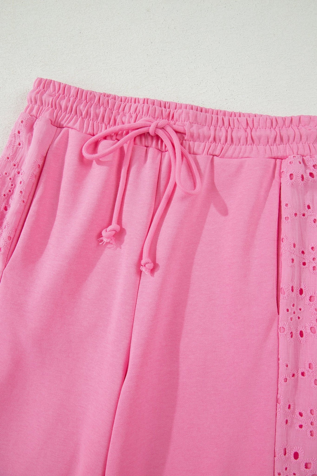 Sachet Pink Lace Patchwork Half Sleeve Top Elastic Waist Pants Two Piece Set - Raelynns&Co