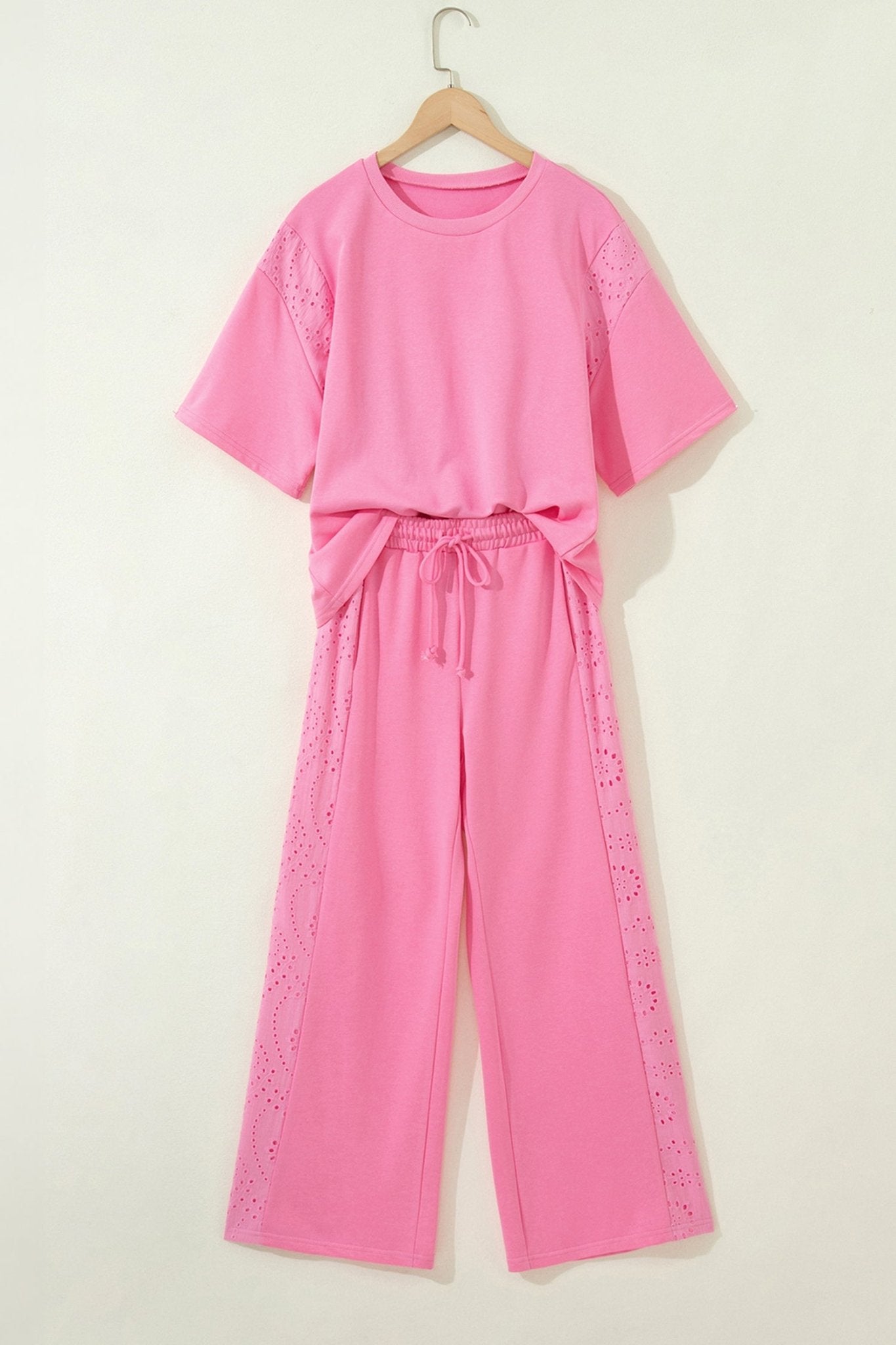 Sachet Pink Lace Patchwork Half Sleeve Top Elastic Waist Pants Two Piece Set - Raelynns&Co