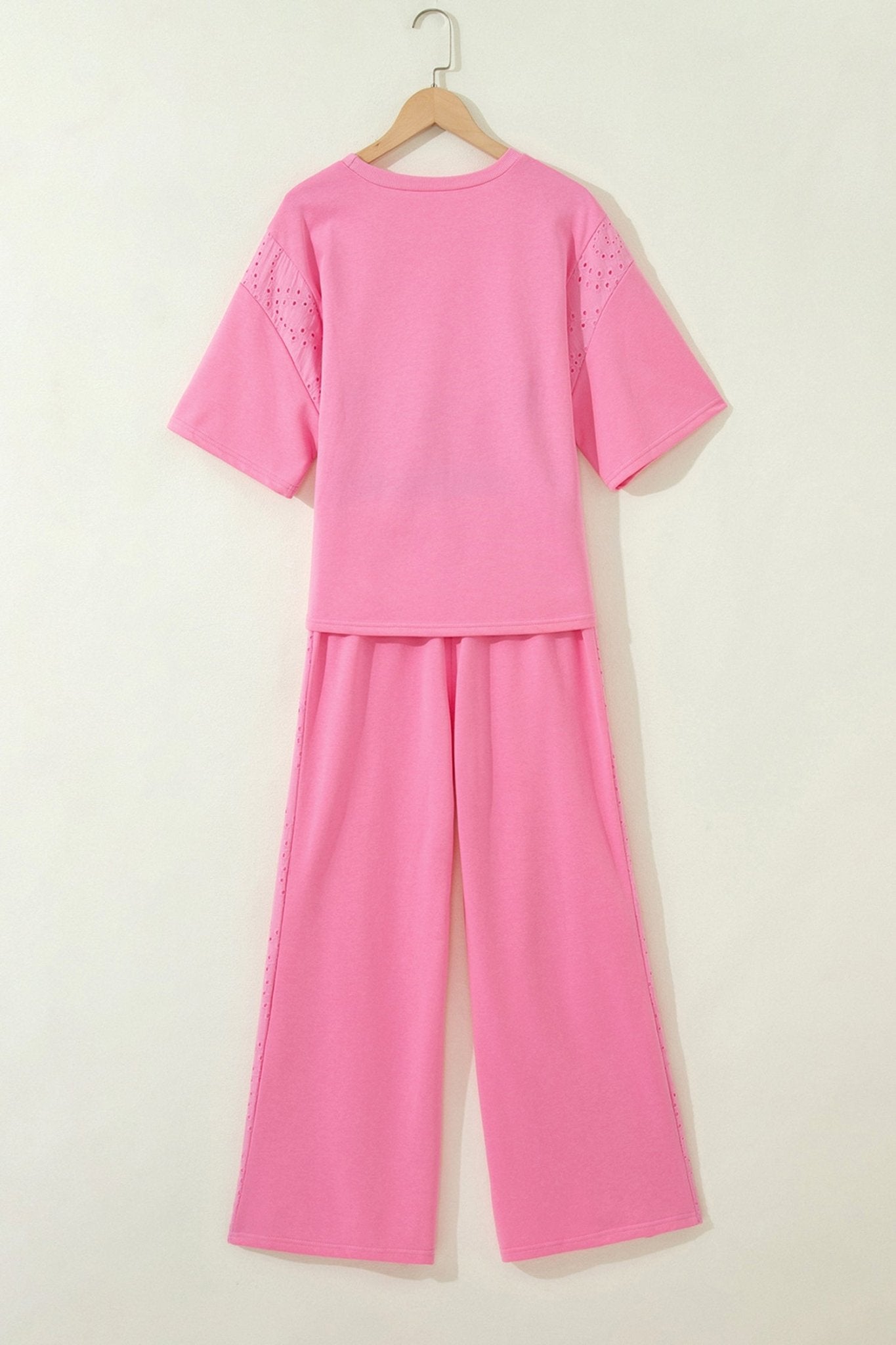 Sachet Pink Lace Patchwork Half Sleeve Top Elastic Waist Pants Two Piece Set - Raelynns&Co