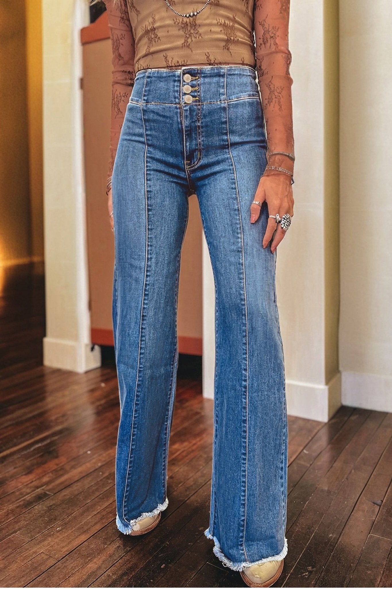 Sail Blue High Waist Button Fly Seamed Raw Hem Flare Jeans - Raelynns&Co