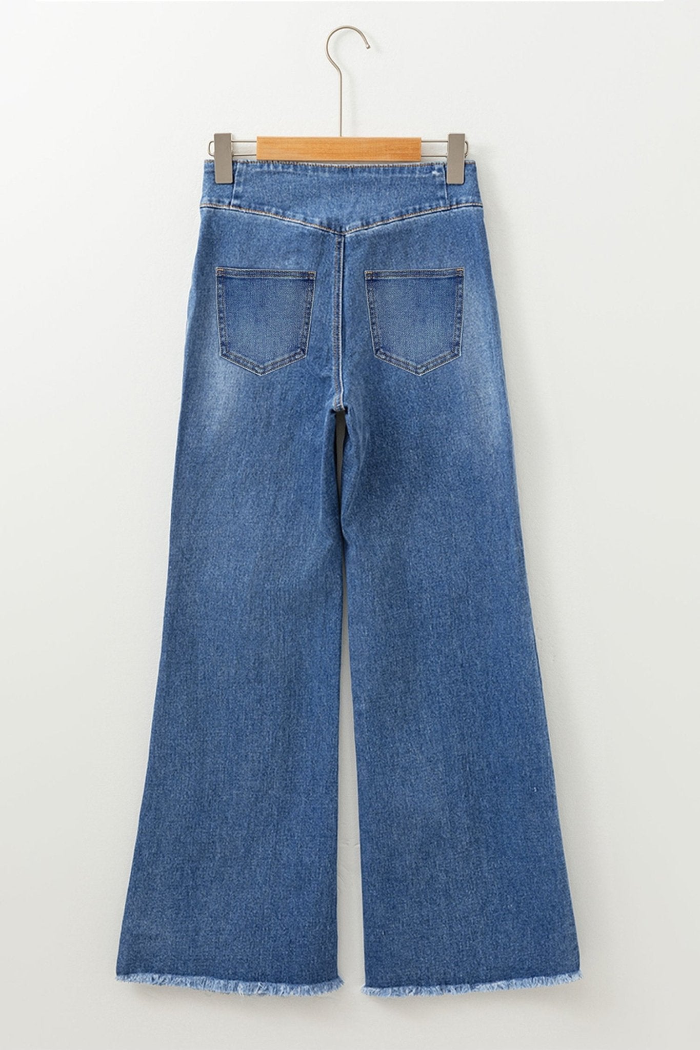 Sail Blue High Waist Button Fly Seamed Raw Hem Flare Jeans - Raelynns&Co