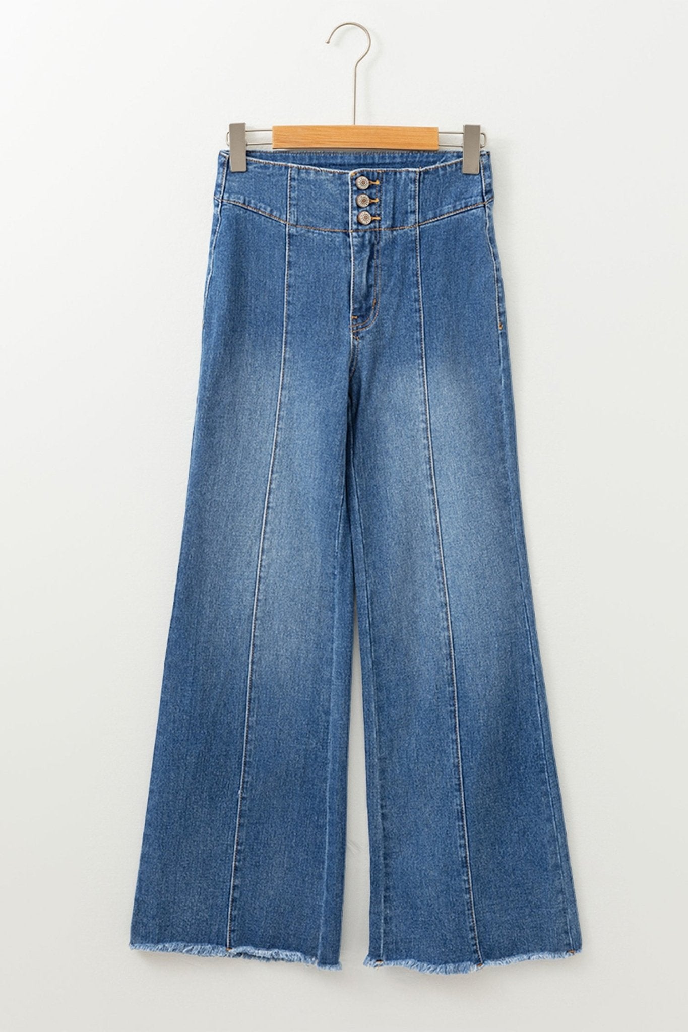 Sail Blue High Waist Button Fly Seamed Raw Hem Flare Jeans - Raelynns&Co
