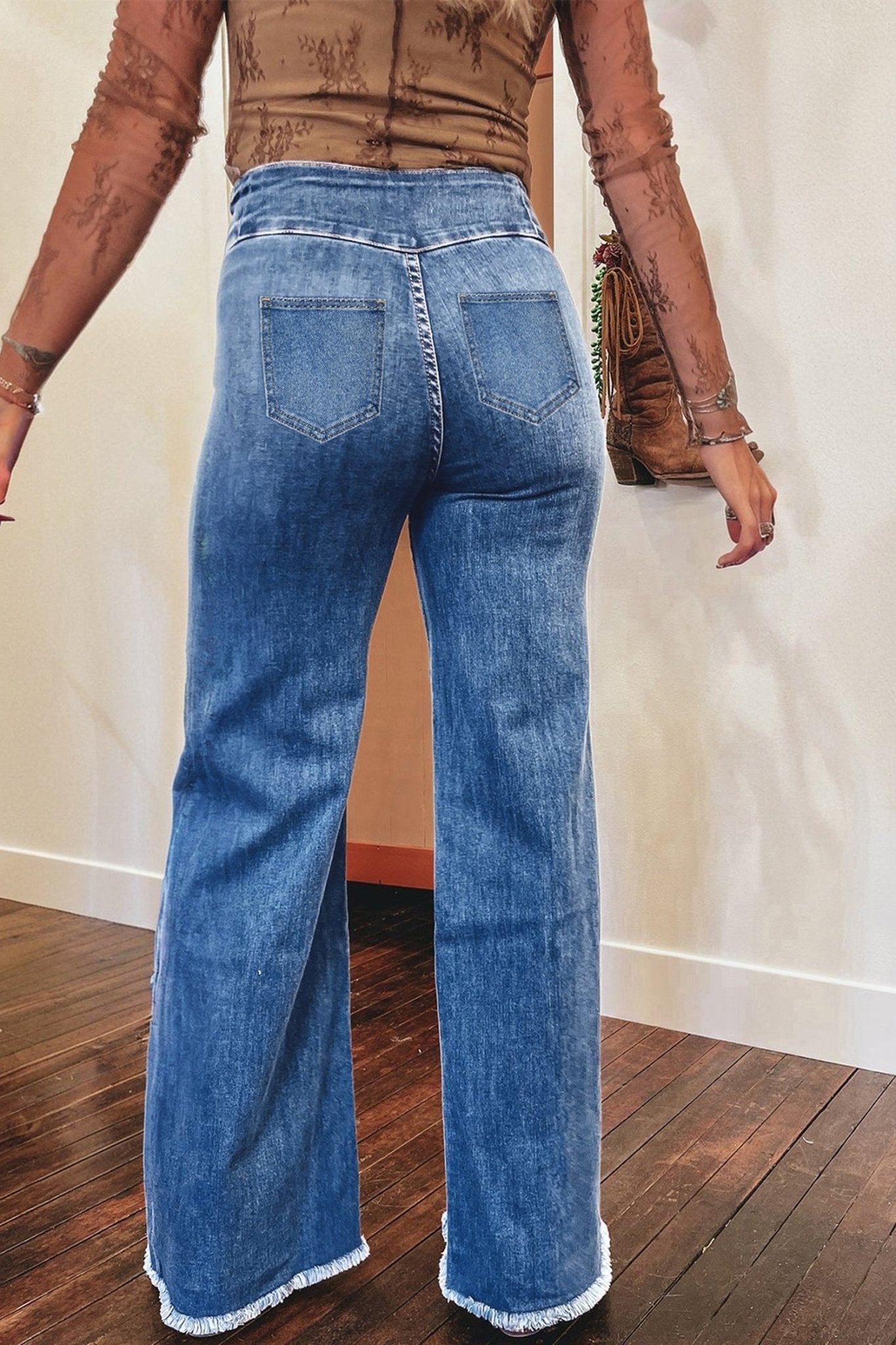 Sail Blue High Waist Button Fly Seamed Raw Hem Flare Jeans - Raelynns&Co