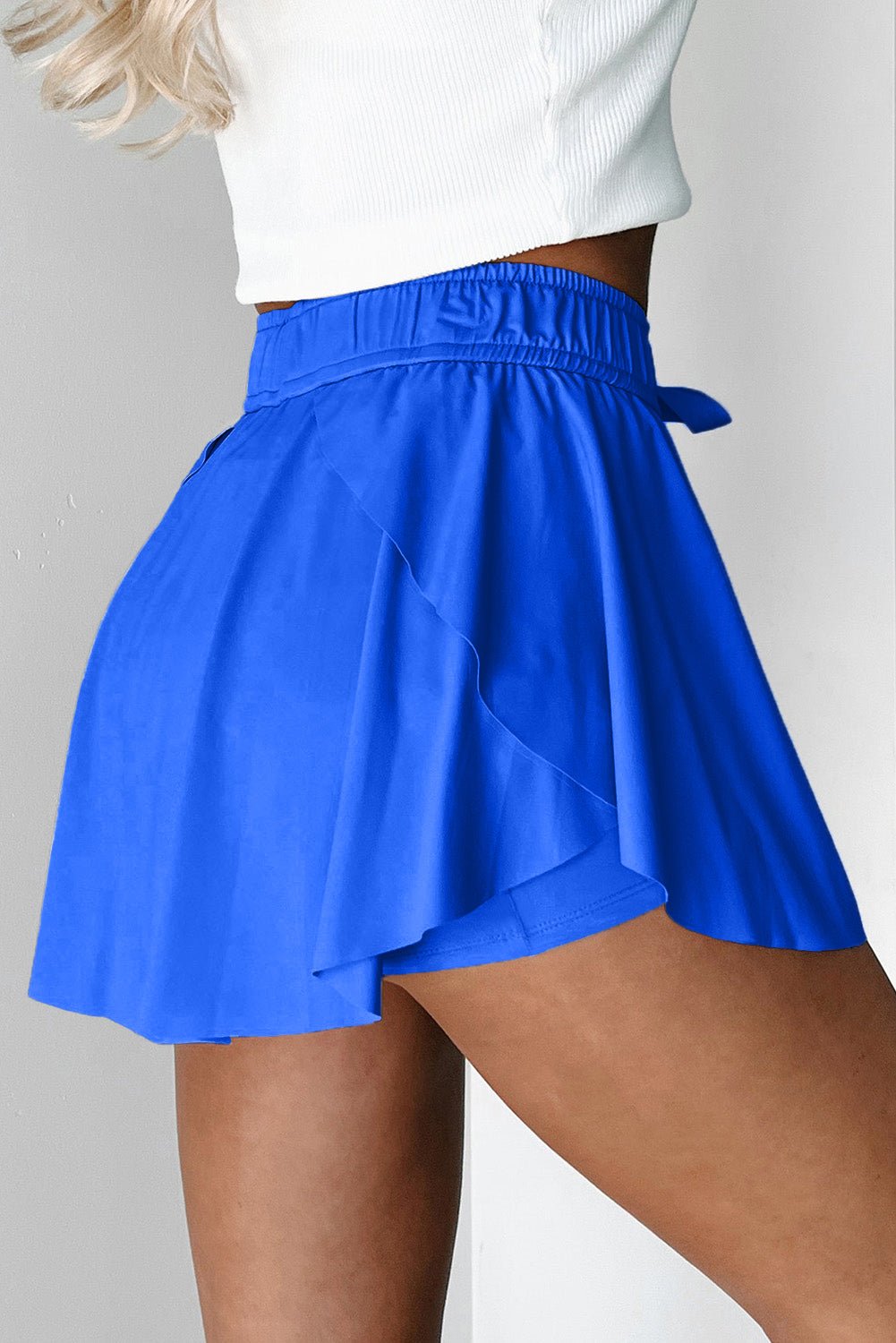 Sky Blue Drawstring Elastic Waistband Lined Tennis Skorts - Raelynns&Co