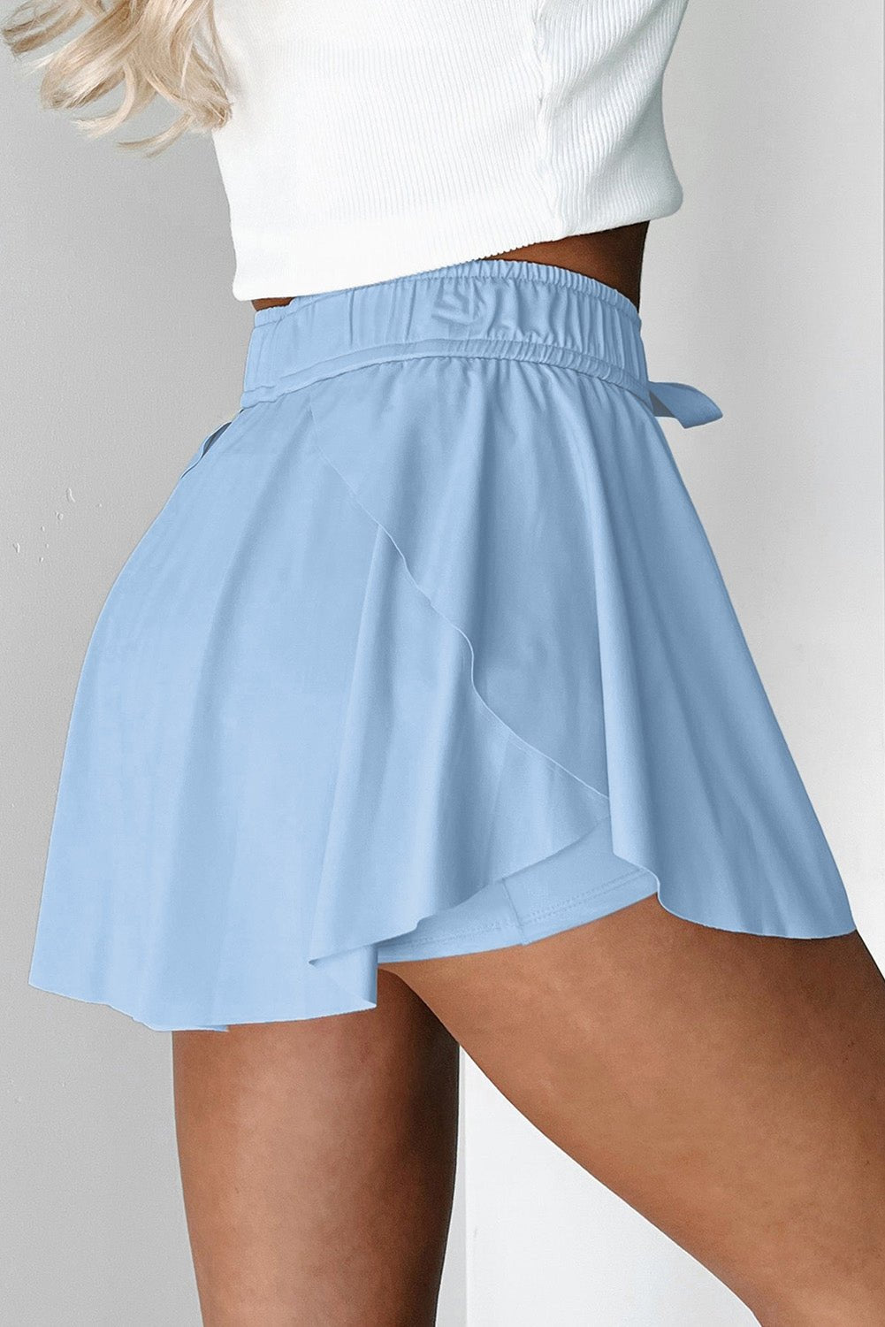Sky Blue Drawstring Elastic Waistband Lined Tennis Skorts - Raelynns&Co