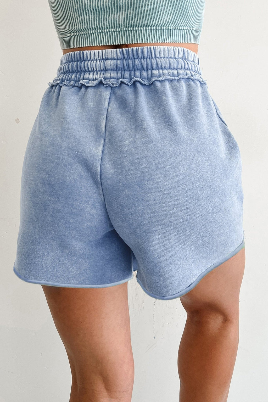 Sky Blue Mineral Washed Drawstring Elastic Waist Raw Cut Shorts - Raelynns&Co