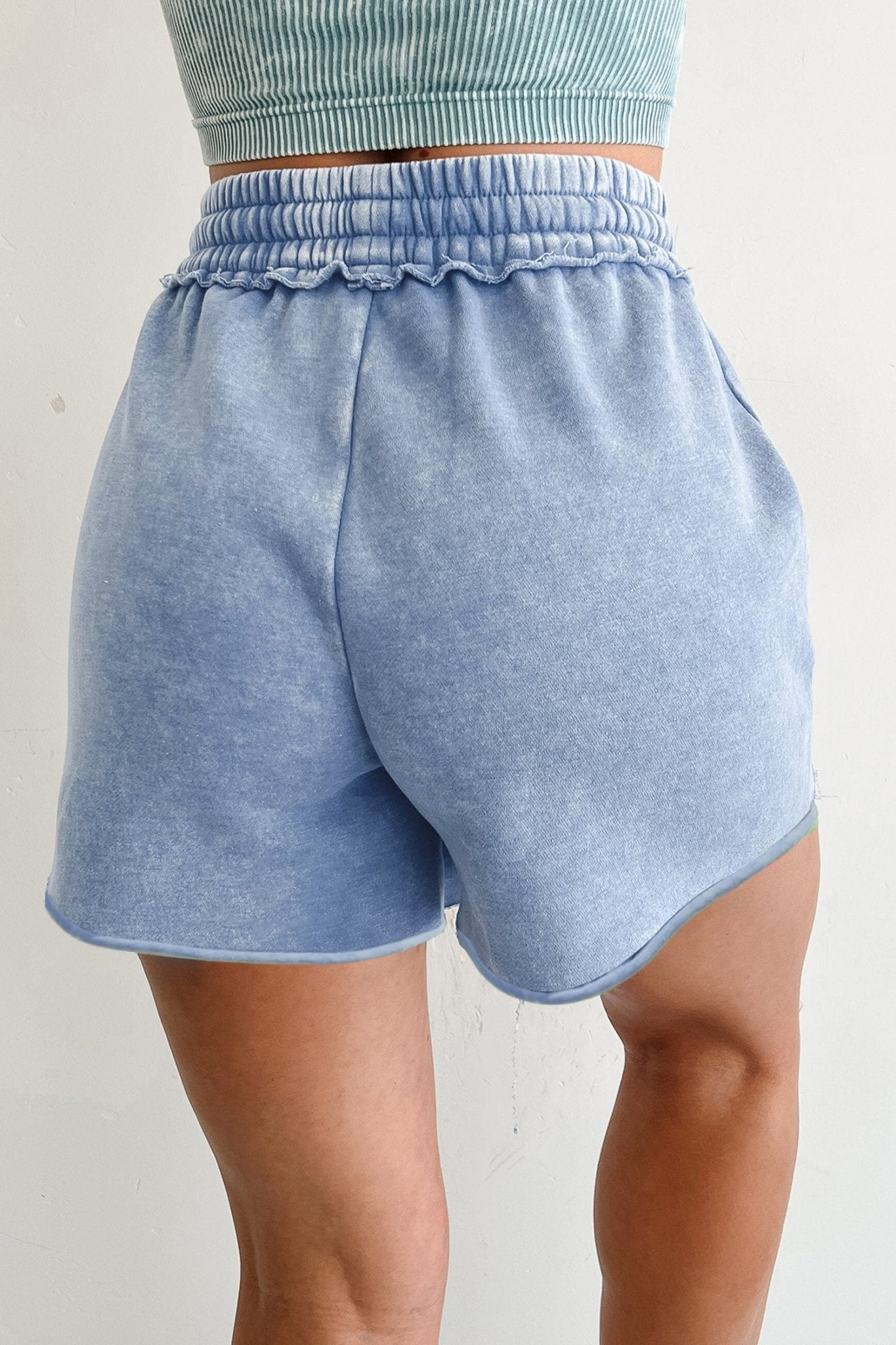Sky Blue Mineral Washed Drawstring Elastic Waist Raw Cut Shorts - Raelynns&Co