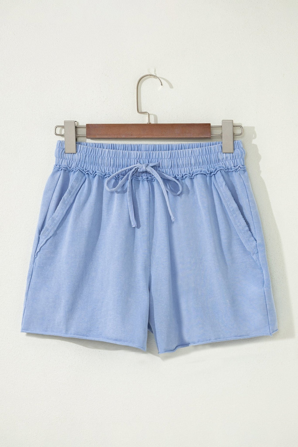 Sky Blue Mineral Washed Drawstring Elastic Waist Raw Cut Shorts - Raelynns&Co